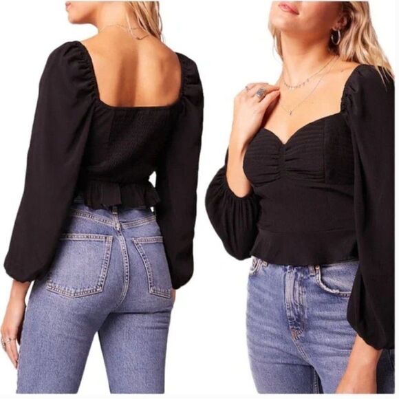 Band of Gypsies balloon long sleeve black crop peasant sweetheart boho top small - Picture 1 of 4
